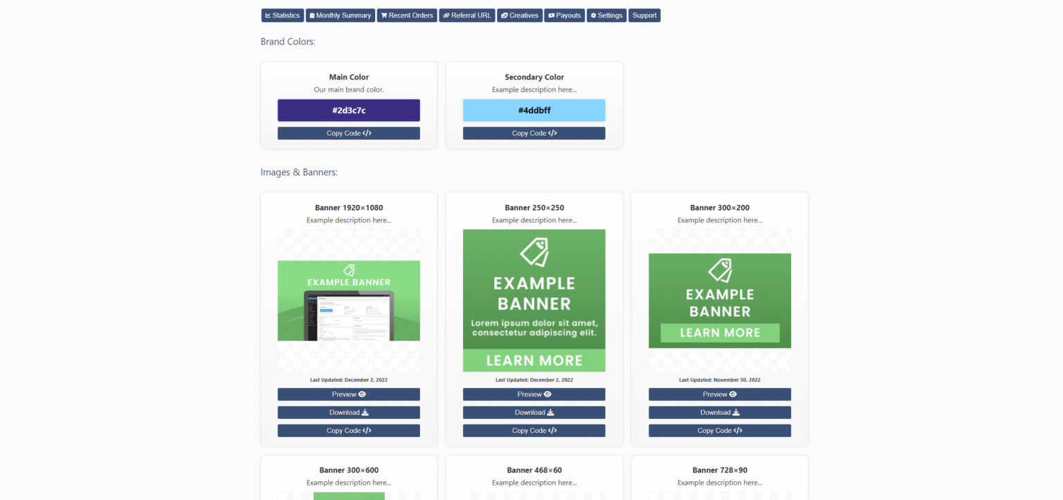 Affiliate creatives shown on the Coupon Affiliates dashboard.