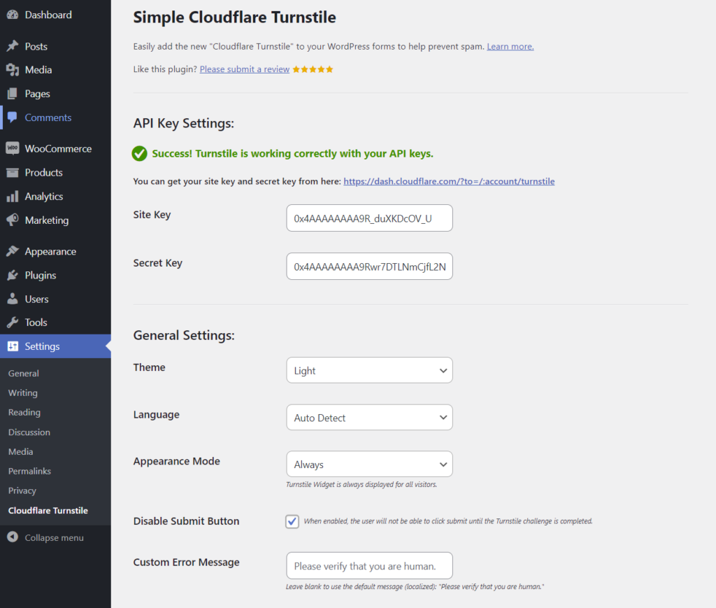 Simple Cloudflare Turnstile Settings