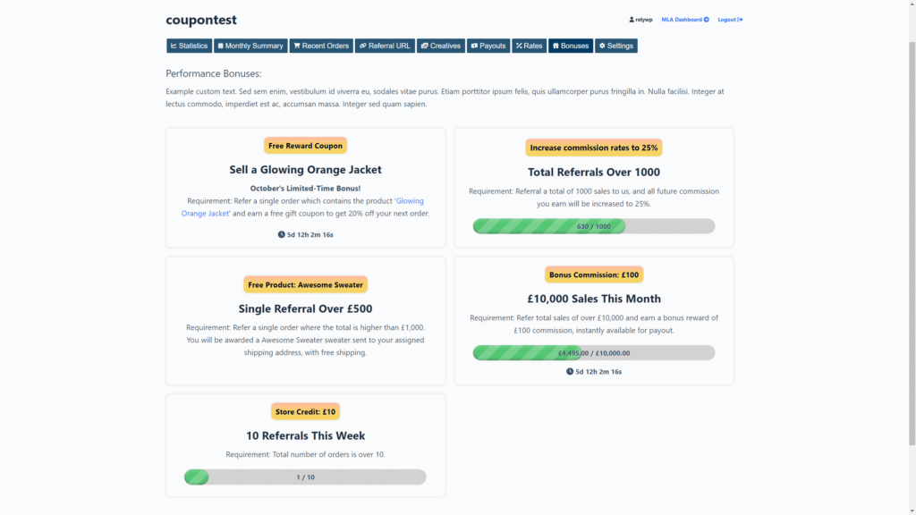 Affiliate Dashboard Bonuses