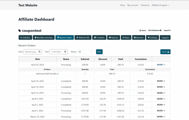 Recent Orders tab on the affiliate dashboard, listing referred orders with their status and totals, with date and status filters