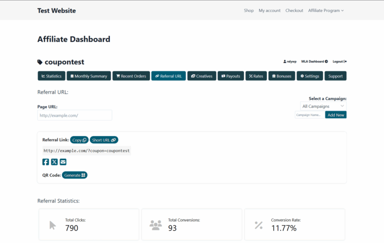 Referral URL tab on the affiliate dashboard, with the referral link generator, campaign selector, sharing buttons, QR code and referral statistics