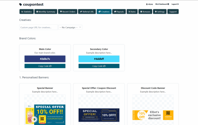 Creatives tab on the affiliate dashboard, showing brand colours and creatives for the affiliate to use