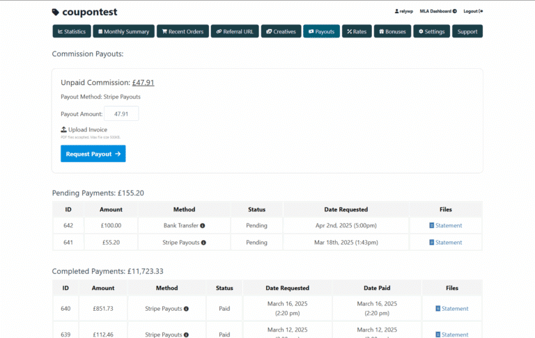 Payouts tab on the affiliate dashboard, showing unpaid commission and the payout request form