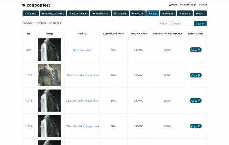 Rates tab on the affiliate dashboard, listing each product with its commission rate, price, commission per product and referral link