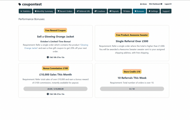Bonuses tab on the affiliate dashboard, listing performance bonuses the affiliate can earn