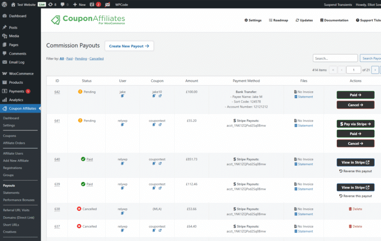 Commission Payouts admin page, listing payout requests with their status, affiliate, amount and payment method, and Pay via Stripe, Paid and Cancel buttons