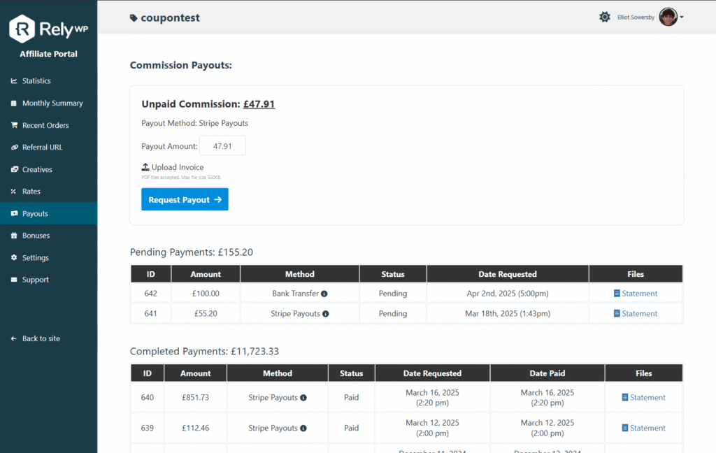 Payouts tab in the Affiliate Portal, showing unpaid commission, the payout request form with invoice upload, and pending and completed payments