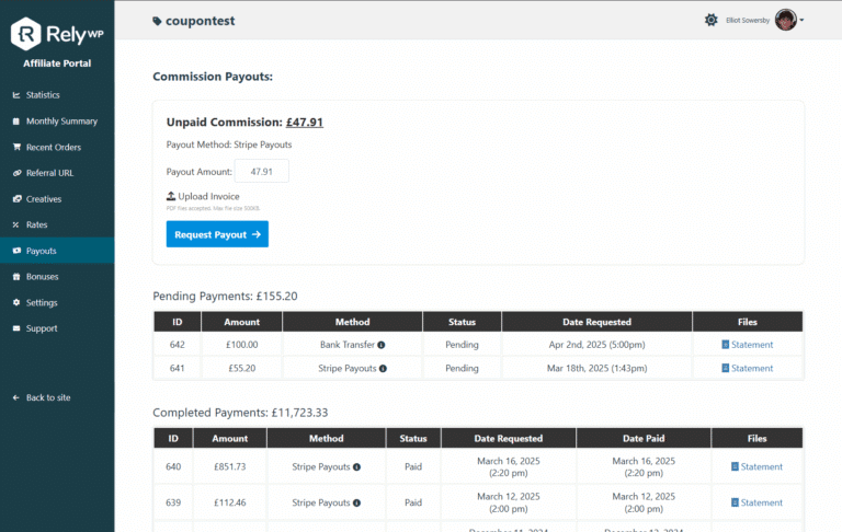 Payouts tab in the Affiliate Portal, showing unpaid commission, the payout request form with invoice upload, and pending and completed payments