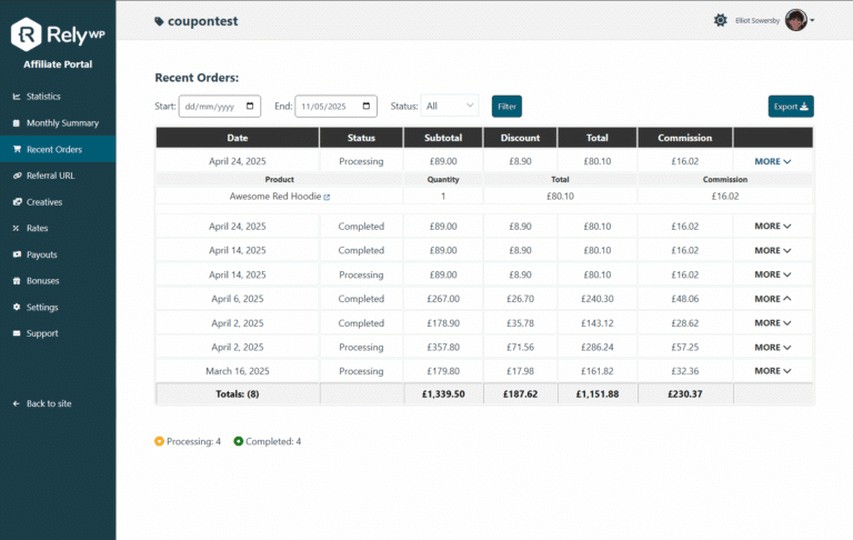 Recent Orders tab in the Affiliate Portal, listing referred orders with their status, totals and commission, with date and status filters and an Export button