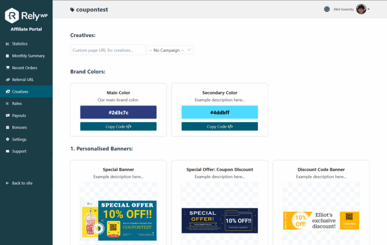 Creatives tab in the Affiliate Portal, showing brand colours and personalised banners with the affiliate's coupon code