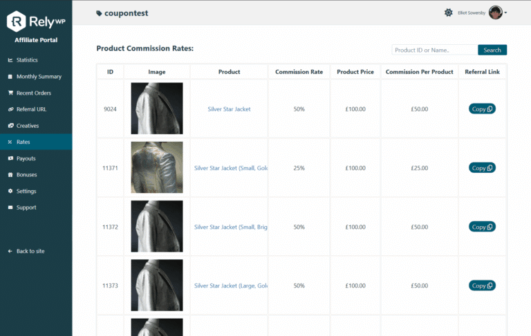Rates tab in the Affiliate Portal, listing each product with its commission rate, price, commission per product and referral link