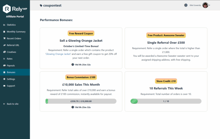 Bonuses tab in the Affiliate Portal, showing performance bonuses and the affiliate's progress towards each goal