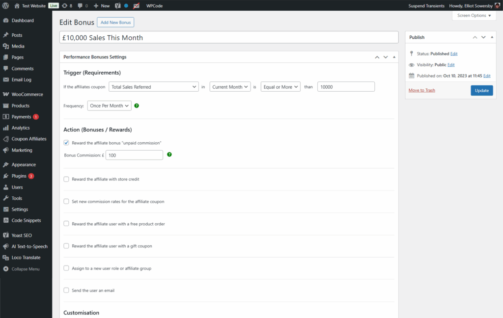 Editing a performance bonus in the admin, with the goal the affiliate needs to meet and the rewards they get