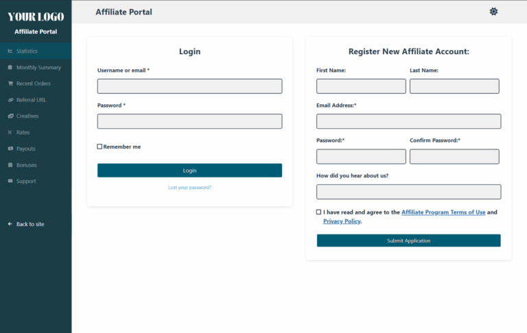 Affiliate Portal login page, with the login form beside the Register New Affiliate Account form