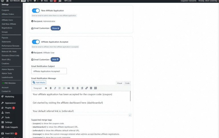 Registration email settings, with the New Affiliate Application and Affiliate Application Accepted emails switched on and an editable message with merge tags