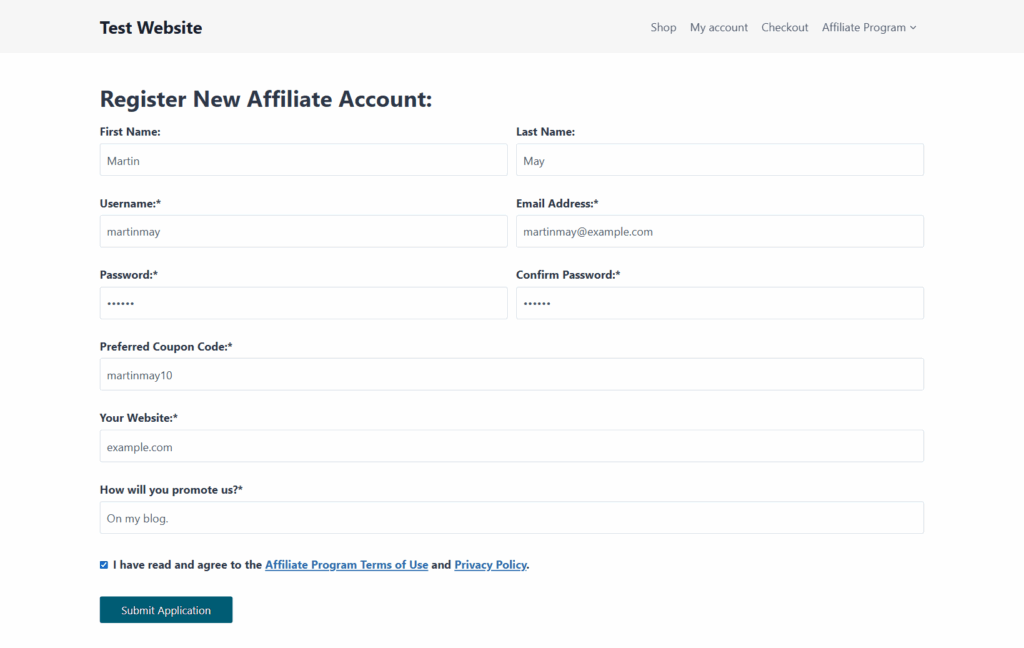 Affiliate registration form on a store, with name, username, email, password, preferred coupon code, website and promotion fields, and a terms checkbox
