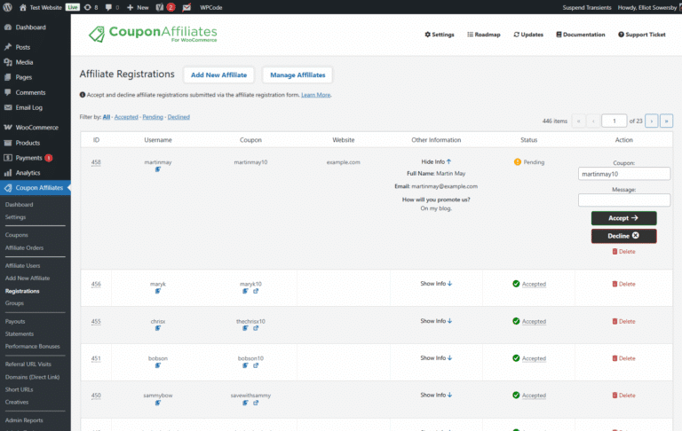 Affiliate Registrations admin page, listing a pending application with the requested coupon code, website and applicant details