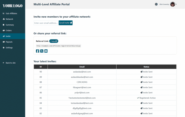 Invite tab in the Multi-Level Affiliate Portal, with a form to invite new members, a referral link to share, and a list of the latest invites