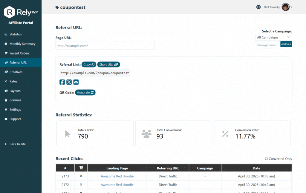 Referral URL tab on the affiliate dashboard, with the referral link generator, campaign selector, and copy, short URL, sharing and QR code buttons