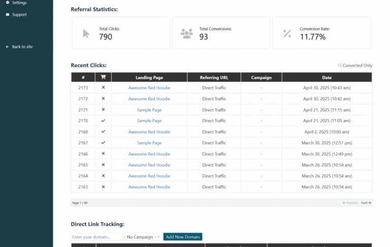 Referral statistics on the affiliate dashboard, with total clicks, conversions and conversion rate, a log of recent clicks, and direct link tracking