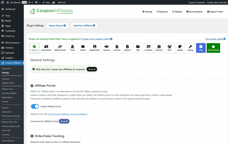 Coupon Affiliates plugin settings page, with tabs for General, Commission, Referral Links, Fraud, Emails, Registration, Payouts and more