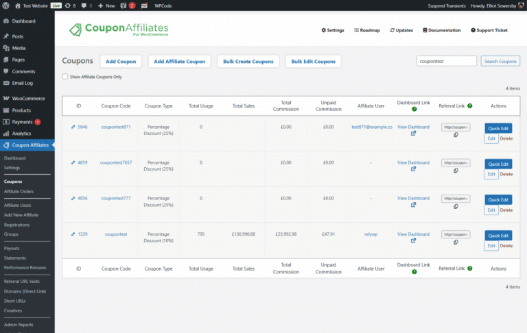 Coupons admin page, listing affiliate coupons with their usage, sales, commission, unpaid commission, affiliate user and dashboard link