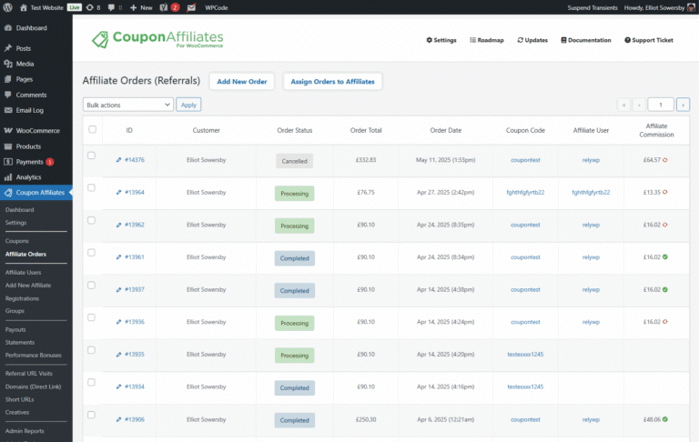 Affiliate Orders admin page, listing referred orders with their status, total, coupon code, affiliate user and commission