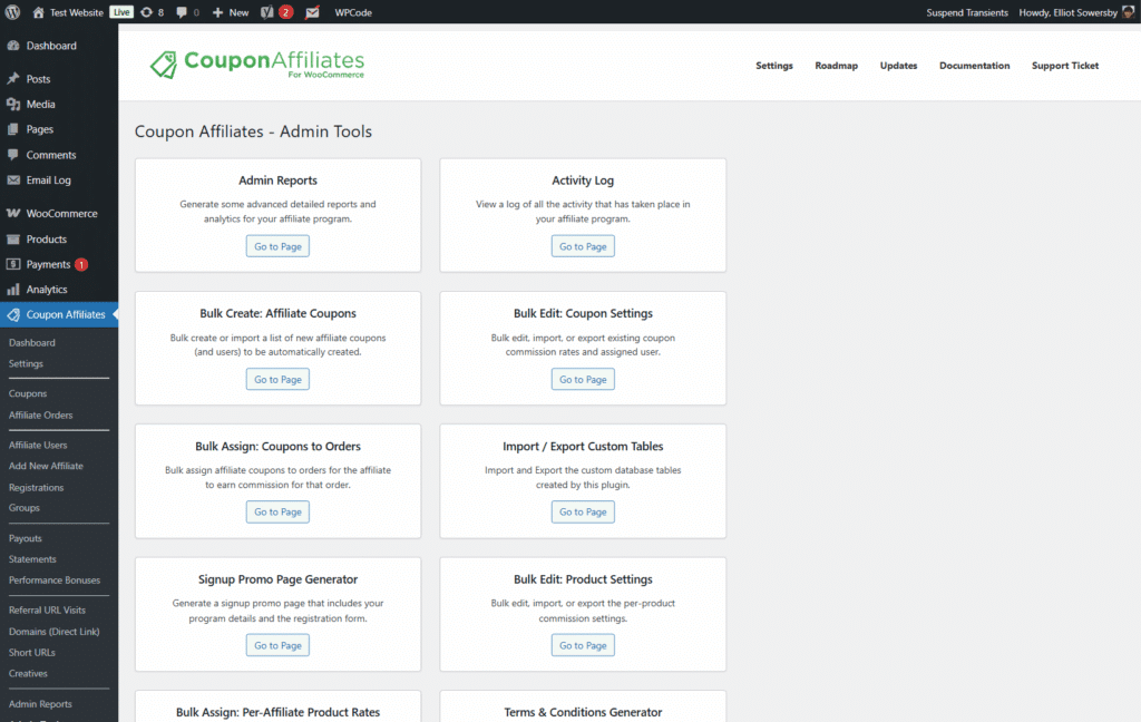 Coupon Affiliates Admin Tools page, with links to admin reports, the activity log, and bulk create and bulk edit tools