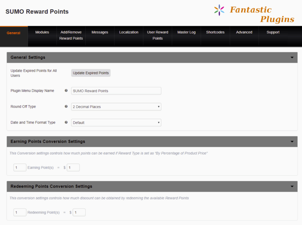 SUMO Reward Points: Settings
