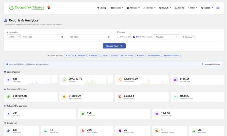 Affiliate reports admin page, with the date range, filters and the sections to include in the report