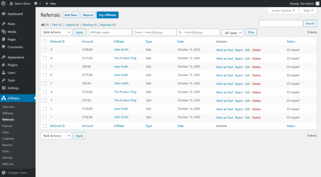 AffiliateWP unpaid referrals and payouts screen