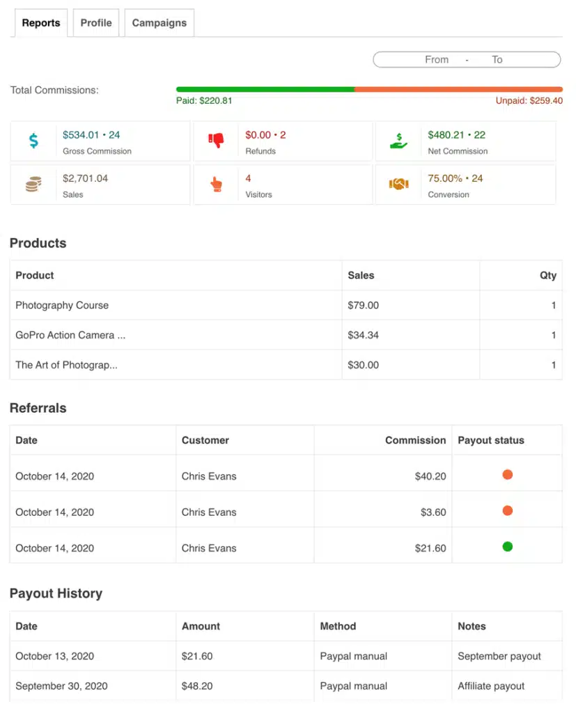 Affiliate for WooCommerce affiliate dashboard