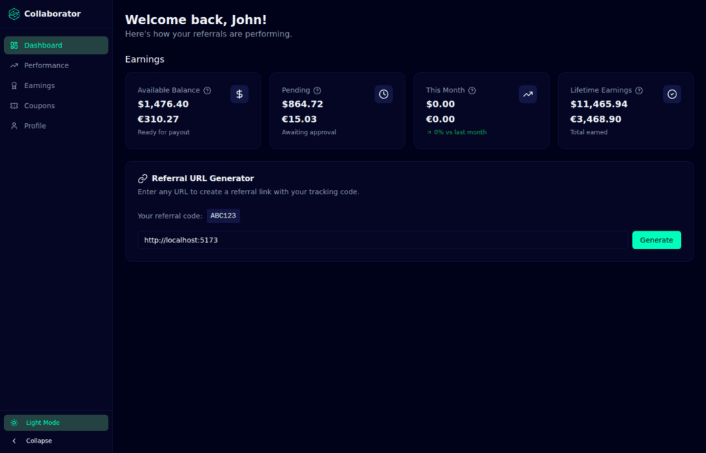 Siren Affiliate Dashboard Page