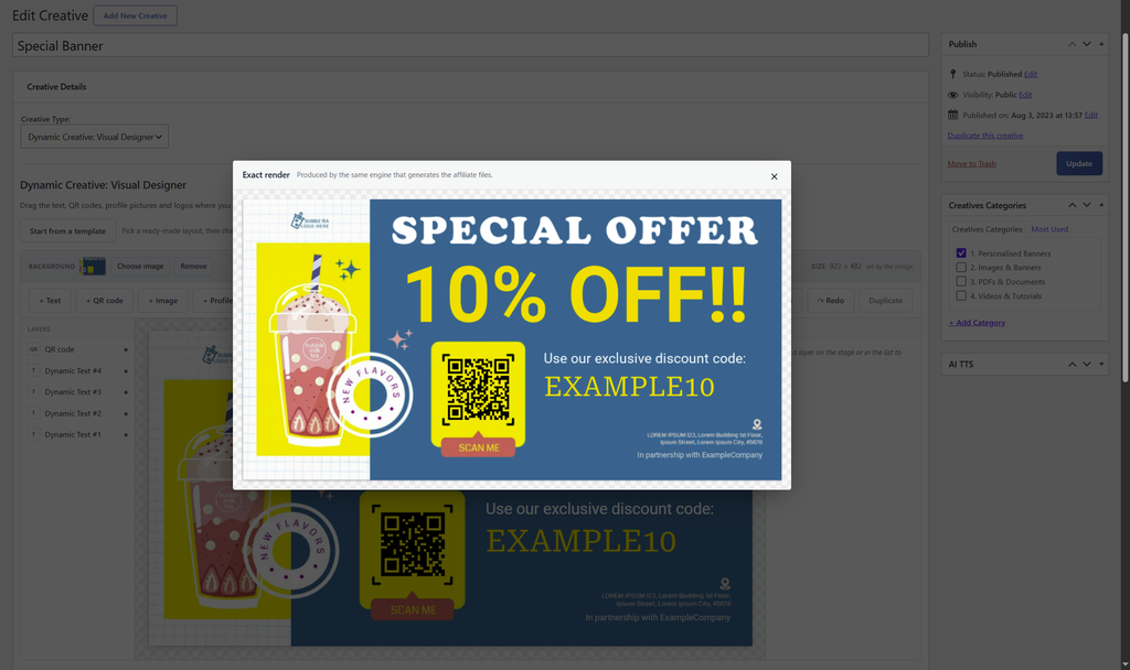 The dynamic creatives visual designer, with the layers list, canvas and layer settings panel