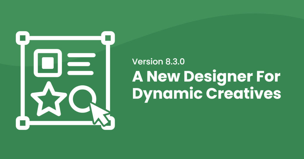 Coupon Affiliates version 8.3.0: a new designer for dynamic creatives, shown as a white outline design canvas icon on a green background