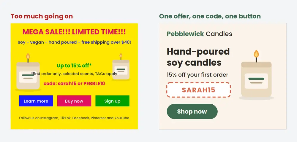 Two 300 x 250 affiliate banners side by side: a cluttered yellow one with shouty text, two coupon codes and three buttons, and a clean version with one headline, one coupon code and one Shop now button