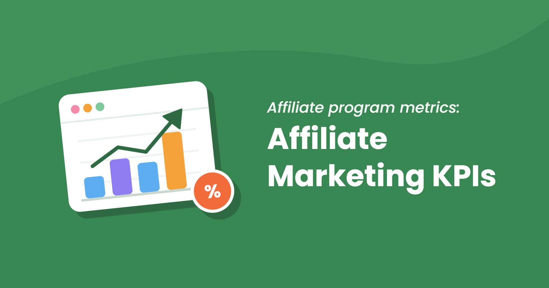 White dashboard card with rising colored bars, an upward trend arrow and a percent badge, next to the title Affiliate Marketing KPIs