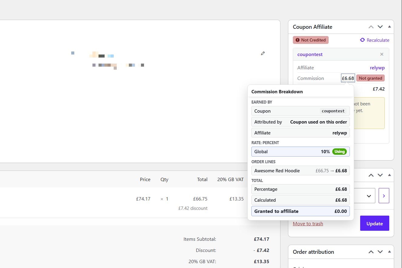 Coupon Affiliate box on a WooCommerce order, with Commission Breakdown hover showing earned by, rate, order lines, and total