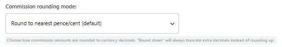 Commission rounding mode dropdown in the Advanced Calculation Settings, set to Round to nearest pence/cent (default)
