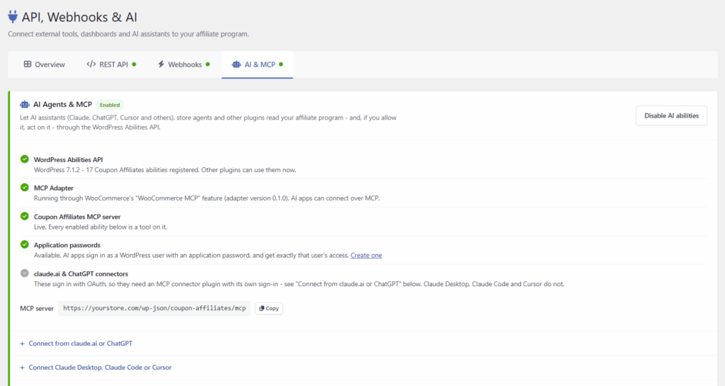 AI & MCP tab in Coupon Affiliates showing the WordPress Abilities API, MCP Adapter, MCP server and application password checks