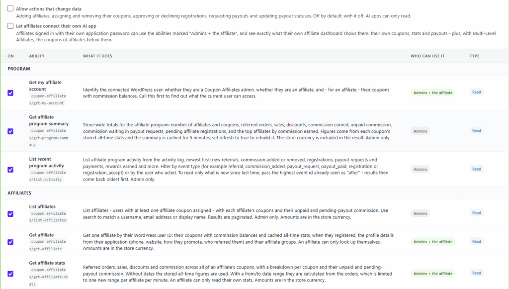 AI permission options in Coupon Affiliates and the list of abilities, with who can use each one and whether it reads or writes