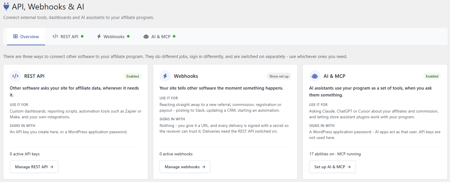 Overview tab of the API, Webhooks & AI page in Coupon Affiliates, explaining the affiliate REST API, Webhooks and AI & MCP