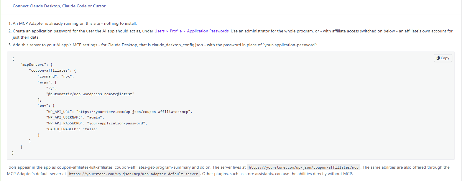 Steps and ready-to-copy MCP configuration for connecting Claude Desktop, Claude Code or Cursor to Coupon Affiliates