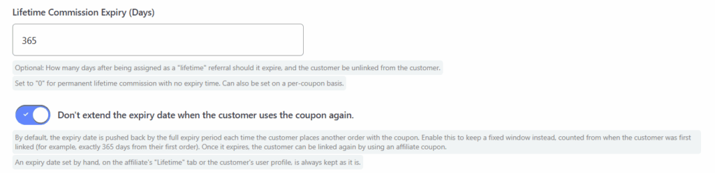 Lifetime commission setting in Coupon Affiliates to stop the expiry date being extended when the customer uses the coupon again