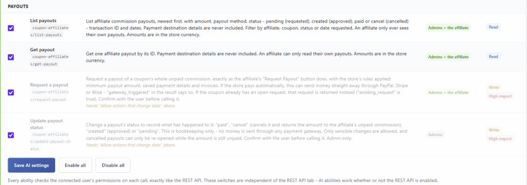 Payout abilities on the Coupon Affiliates AI & MCP tab, with the request payout and update payout status actions marked High impact
