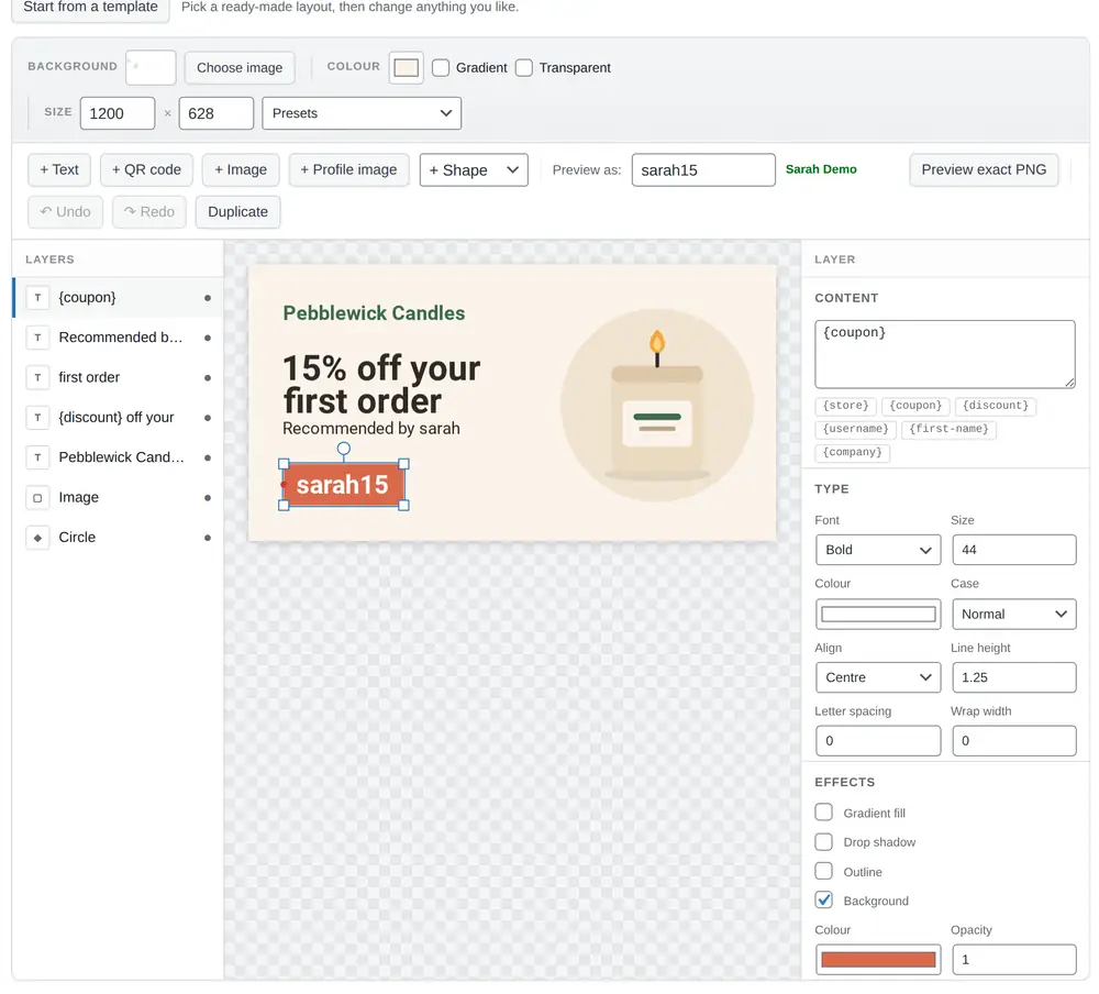 The Dynamic Creative visual designer in Coupon Affiliates, with a layer list, a live canvas showing a personalized coupon graphic for affiliate sarah15, and text layer settings