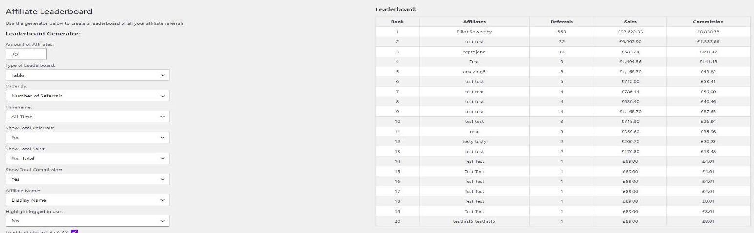 Affiliate Leaderboard generator in the admin area, showing all generator options alongside a generated leaderboard table