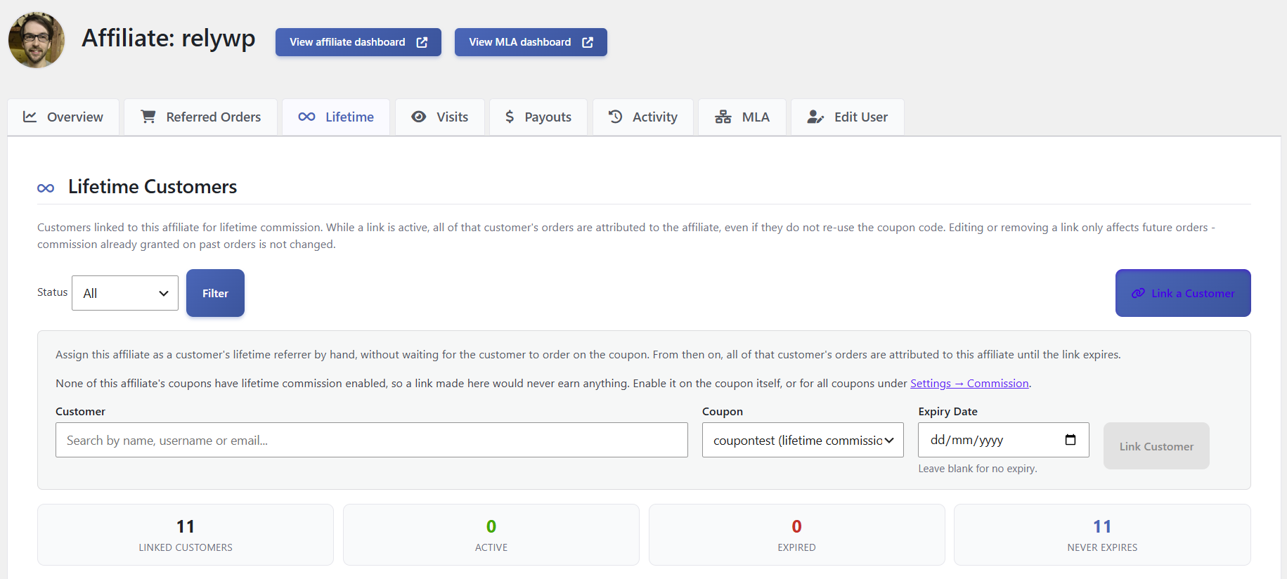 View Affiliate Lifetime tab with Link a Customer form
