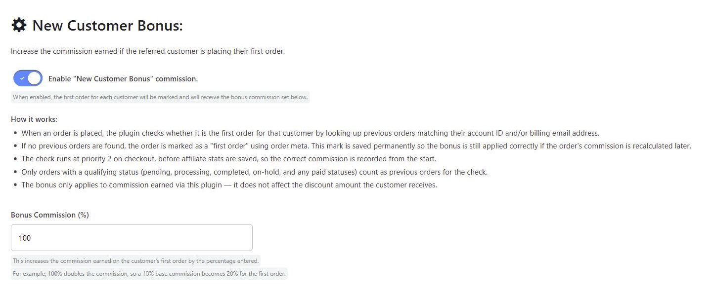 New Customer Bonus section on the Commission settings tab, with the feature enabled and the Bonus Commission (%) field set to 100