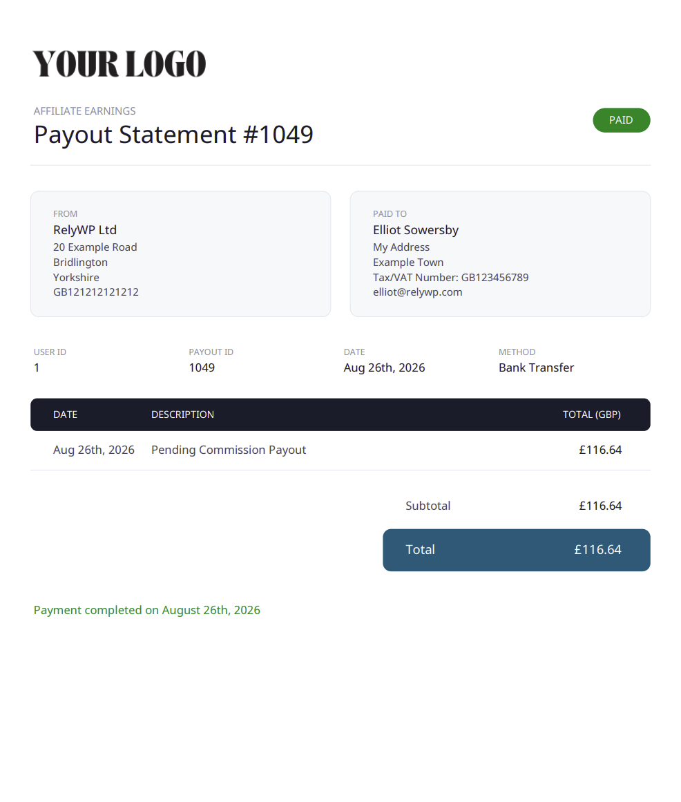 Payout Statement PDF with PAID badge, side-by-side From and Paid To, items table, and highlighted total